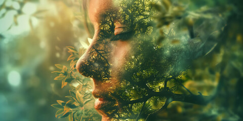 Wall Mural - Double exposure combines a female face and green forest background.
