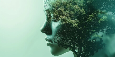 Wall Mural - Double exposure combines a female face and green forest background.
