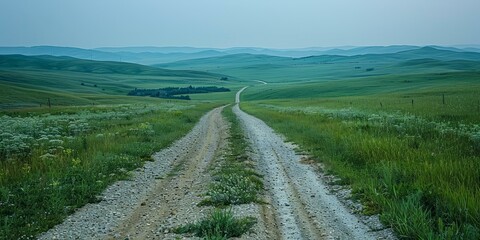 Wall Mural - Dirt road through a lush green grassy field with distant mountains