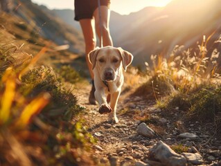 Wall Mural - A person walking a dog in the mountains