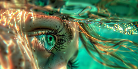 Wall Mural - close up of woman face in water focusing on green iris eye with reflected light on face, clear green turquoise tones.