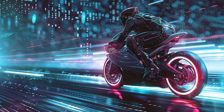 Black futuristic cyber motorcyclist on motorcycle on digital background