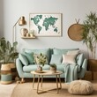 A Stylish Living Room With a Map of the World