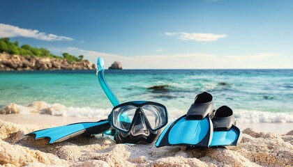 snorkel and mask on the beach, blurred background