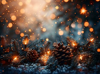 Wall Mural - christmas background with fir branches, pine cones and fairy lights