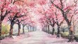 cherry blossom avenue in a park with pink trees and a bare tree in the foreground