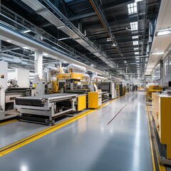 Wall Mural - A factory production line with yellow machines and a yellow safety line on the floor