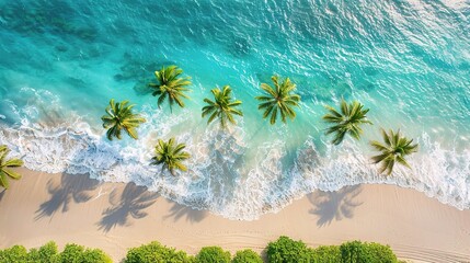 Wall Mural - oasis of tranquility amidst the oceanic expanse, with palm trees lining a sunlit sandy beach