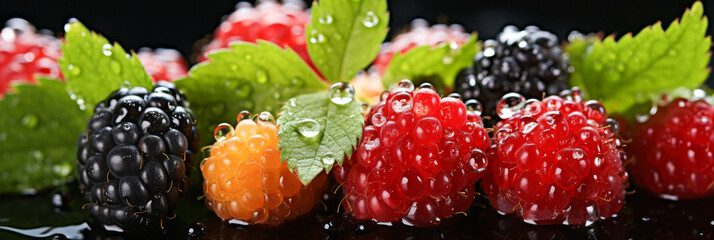 Wall Mural - A close up of a bunch of raspberries with green leaves