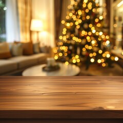 Wall Mural - a wooden table with a blurred christmas tree in the background