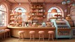 A cozy pink cafe with a large counter, shelves stocked with jars and boxes, and a blue refrigerator.