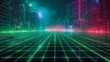 futuristic city illustration with green and pink neon lights