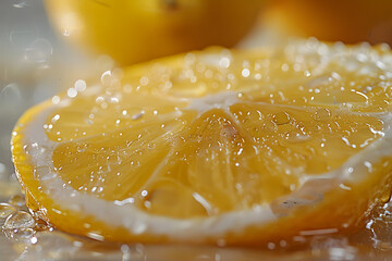 Wall Mural - A close up of a lemon slice with water droplets on it