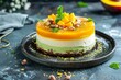 Vegan cake with pistachio bottom and mango top