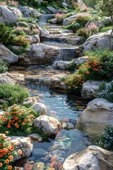 Canvas Print - Small creek flowing through rocks and flowers