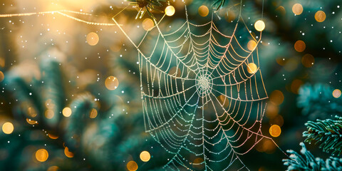 A spider web is shown in a tree with a bright blue background