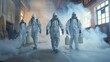 A group of exterminators equipped with protective suits and equipment fumigating a commercial warehouse to eradicate a stubborn pest problem