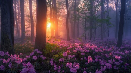 Wall Mural - forest scene with vibrant springtime colors and foggy atmosphere at sunrise