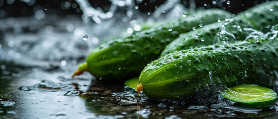 Wall Mural - Three cucumbers are sitting in a puddle of water