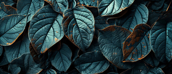 Wall Mural - A close up of leaves with a blue tint