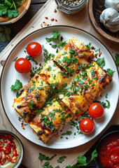 Poster -  Baked enchiladas with cheese on a dark old wooden background. Traditional Mexican food concept. Latin American national cuisine. Horizontal image for menu, recipe, banner, poster.