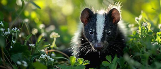 Wall Mural - A black and white striped skunk is standing in a field of green grass