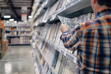 A person examines two distinct wallpaper designs displayed in a home improvement store.