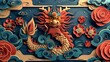 A 3D illustration of a golden dragon with red and blue details against a blue background with red and pink flowers and clouds