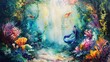 enchanted underwater kingdom painting featuring a colorful array of fish and flowers, including ora