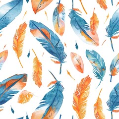 Wall Mural - Feathers and arrows, adventurous boho watercolor, seamless pattern, vibrant teals and oranges, direction and discovery. Seamless Pattern, Fabric Pattern, Tumbler Wrap, Mug Wrap.