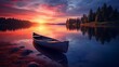 The tranquil beauty of dusk unfolds in this captivating image, with the solitary boat gently swaying by the shore against the backdrop of the setting sun