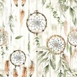 Rustic dreamcatchers, vintage boho watercolor, seamless pattern, weathered woods and soft greens, old-world nostalgia. Seamless Pattern, Fabric Pattern, Tumbler Wrap, Mug Wrap.