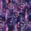 Dreamcatchers with crystal pendants, enchanted boho watercolor, seamless pattern, sparkling purples and pinks, mystical allure. Seamless Pattern, Fabric Pattern, Tumbler Wrap, Mug Wrap.