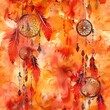 Dreamcatchers in sunset colors, warm boho watercolor, seamless pattern, oranges, reds, and pinks, evening serenity. Seamless Pattern, Fabric Pattern, Tumbler Wrap, Mug Wrap.