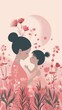 Mother's Day card. Woman and daughter in a field of flowers. Generative AI.