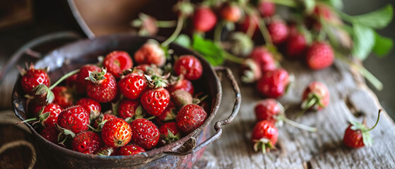 Wall Mural - A bowl of red strawberries on a wooden table