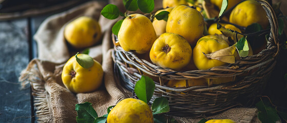 Wall Mural - A basket of yellow fruit with leaves on top