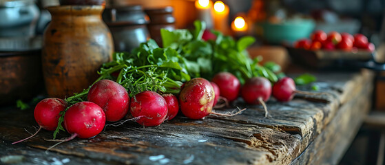 Wall Mural - A table with a bunch of red radishes and green herbs