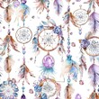 Dreamcatchers and gemstones, mystical boho watercolor, seamless pattern, pastel dreams and sparkling accents, magical allure. Seamless Pattern, Fabric Pattern, Tumbler Wrap, Mug Wrap.