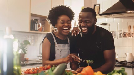 Wall Mural - A couple laughing while cooking a meal together at home