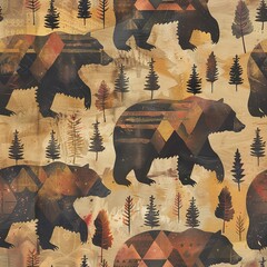 Canvas Print - Bears with geometric patterns, rustic boho watercolor, seamless pattern, warm browns and forest greens, strong solitude. Seamless Pattern, Fabric Pattern, Tumbler Wrap, Mug Wrap.