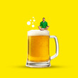 Young man sitting on lager foamy beer mug in yoga lotus pose and meditating against vivid yellow background. Contemporary art collage. Concept of alcohol drink, surrealism, celebration, creativity