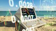 computer on a beach with data and code on screen
