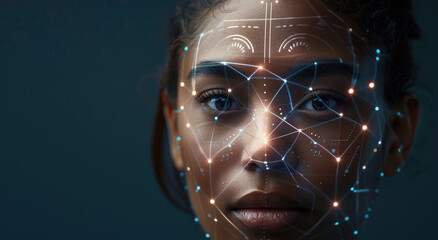 Wall Mural - A closeup of an AI facial biometric system in action, with lines and data flowing across the face of one woman to have her identity verified. A futuristic tech background is visible behind her.