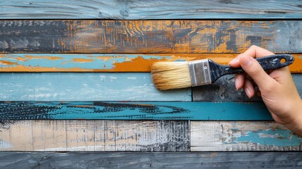 Construction site worker s hands painting wooden wall with brush for construction project