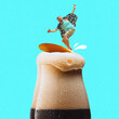 Senior stylish man on board riding atop of dark foamy beer on vivid blue background. Contemporary art collage. Summer vacation. Concept of alcohol drink, surrealism, celebration, creativity