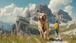© NS - A young boy and his golden retriever run through the Italian Dolomites, surrounded by lush green meadows and towering peaks. The dog is barking with joy as they play in an idyllic landscape