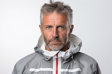 Portrait of a tender man in his 50s wearing a functional windbreaker on white background