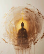 Abstract silhouette paint statue of buddha dark gold tones  with glowing halo light radius head on white background.