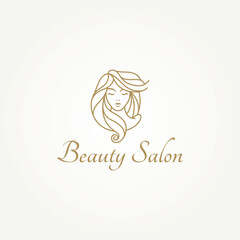 Sticker - beauty salon with the face of a beautiful woman with lovely flowing hair line art label logo vector illustration design. simple modern beauty salon, hair salon and cosmetic logo concept